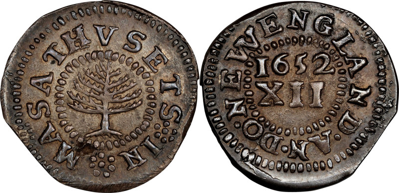 1652 Pine Tree Shilling. Small Planchet. Noe-17, Salmon 3-B, W-840. Rarity-3. MS...