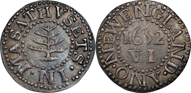 "1652" (1850s) Pine Tree Sixpence. Thomas Wyatt Copy. Noe-L, Kenney-4, W-14072. ...