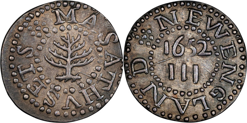 "1652" (1850s) Pine Tree Threepence. Thomas Wyatt Copy. Noe-M, Kenney-5, W-14060...