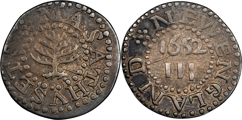 "1652" (1850s) Pine Tree Threepence. Thomas Wyatt Copy. Noe-M, Kenney-5, W-14060...