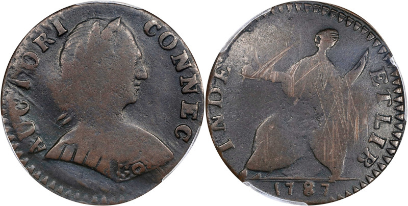 1787 Connecticut Copper. Miller 1.1-VV, W-2710. Rarity-6+. Mailed Bust Right, Sm...