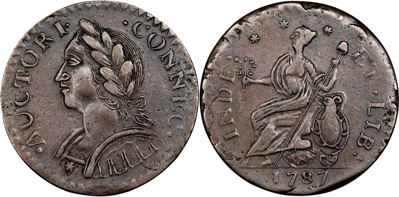 1787 Connecticut Copper. Miller 6.2-M, W-2825. Rarity-5-. Mailed Bust Left, Laug...