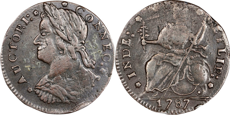 1787 Connecticut Copper. Miller 33.5-T.2, W-3420. Rarity-5-. Draped Bust Left, S...