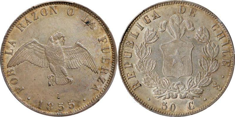 CHILE. 50 Centavos, 1855-So. Santiago Mint. PCGS MS-63.
KM-128. Unsurpassed or ...