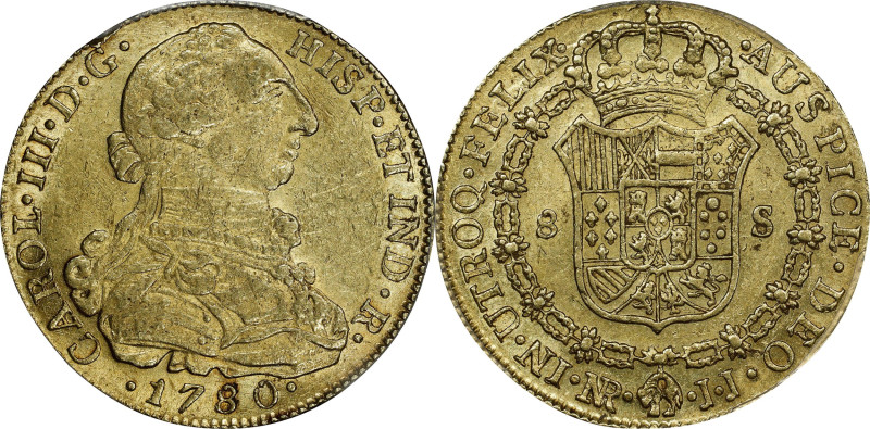 COLOMBIA. 8 Escudos, 1780-NR JJ. Nuevo Reino (Bogota) Mint. Charles III. PCGS AU...