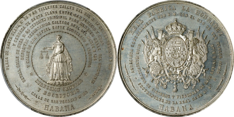 CUBA. Honradez Royal Tobacco Factory Tin Medal, ND (ca. 1859-60). PCGS SPECIMEN-...