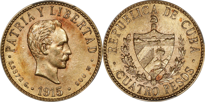 CUBA. 4 Pesos, 1915. Philadelphia Mint. PCGS MS-62.
Fr-5; KM-18. Mintage: 6,300...