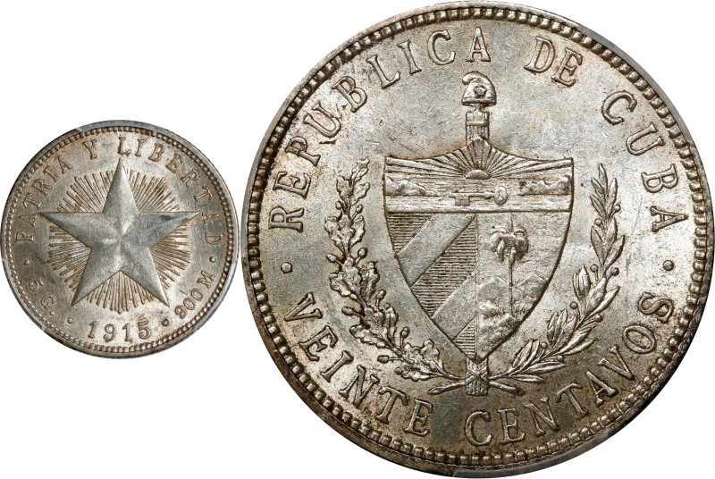 CUBA. 20 Centavos, 1915. Philadelphia Mint. PCGS MS-63.
KM-13.1. Variety with h...