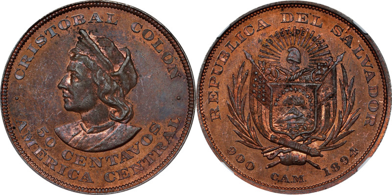 EL SALVADOR. Copper 50 Centavos Pattern, 1894-CAM. San Salvador (Central America...