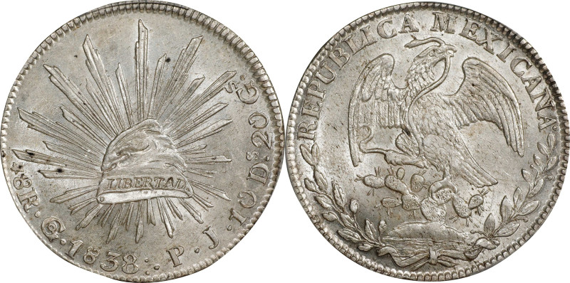 MEXICO. 8 Reales, 1838-Go PJ. Guanajuato Mint. PCGS MS-63.
KM-377.8; DP-Go20. S...