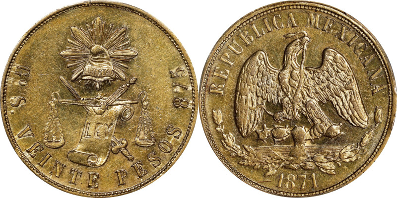 MEXICO. 20 Pesos, 1871-Go S. Guanajuato Mint. PCGS Genuine--Scratch, AU Details....