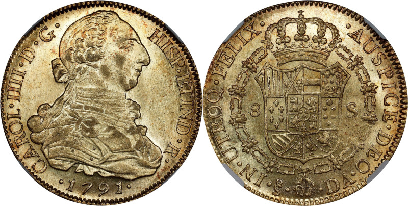 CHILE. 8 Escudos, 1791-So DA. Santiago Mint. Charles IV. NGC AU-58.
Fr-23; KM-5...