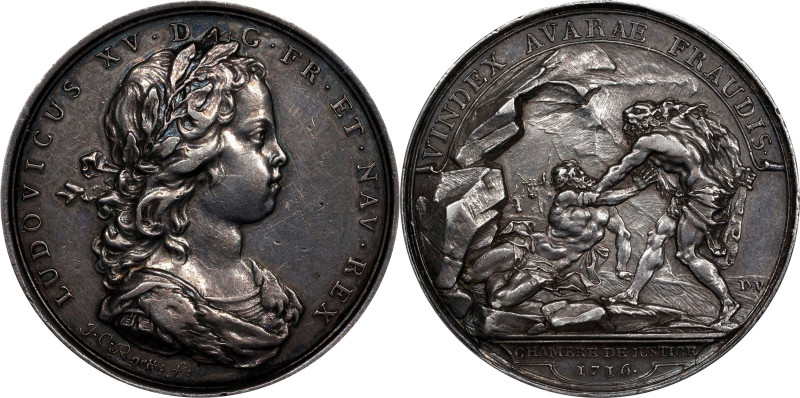 1716 John Law / The Avenger of the Fraud Medal. Betts-125, Adams-2. Silver. AU-5...