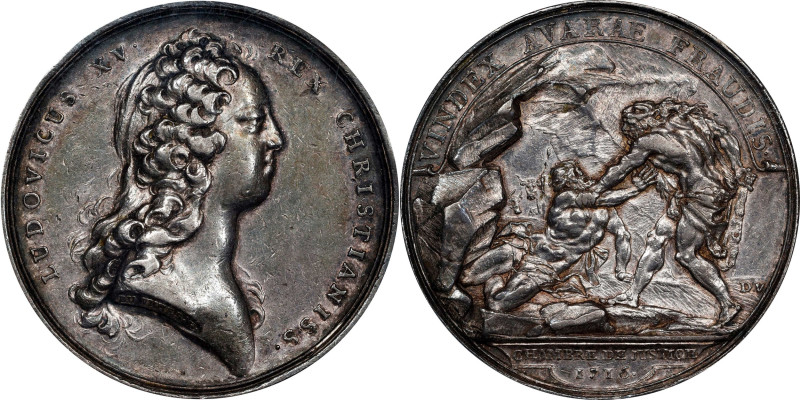 1716 John Law / The Avenger of the Fraud Medal. Betts-125, Adams-3. Silver. AU-5...