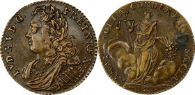 Undated (ca. 1716) Happiness of France Jeton. As Adams S-5. Brass. Plain Edge. About Uncirculated.
24.2 mm. A beautiful piece, with glossy brown and ...