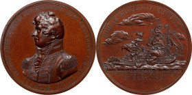 "1812" Captain Isaac Hull / USS Constitution vs. HMS Guerriere Naval Medal. Julian NA-12. Bronzed Copper. Mint State.
65 mm. Deep, rich antique mahog...
