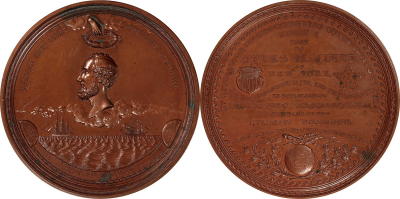 1867 Cyrus Field Atlantic Telegraph Cable Medal. Julian PE-10. Bronze. MS-63 BN ...