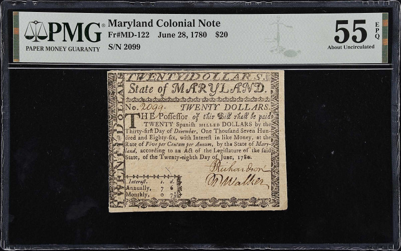 MD-122. Maryland. June 28, 1780. $20. PMG About Uncirculated 55 EPQ.
No. 2099. ...