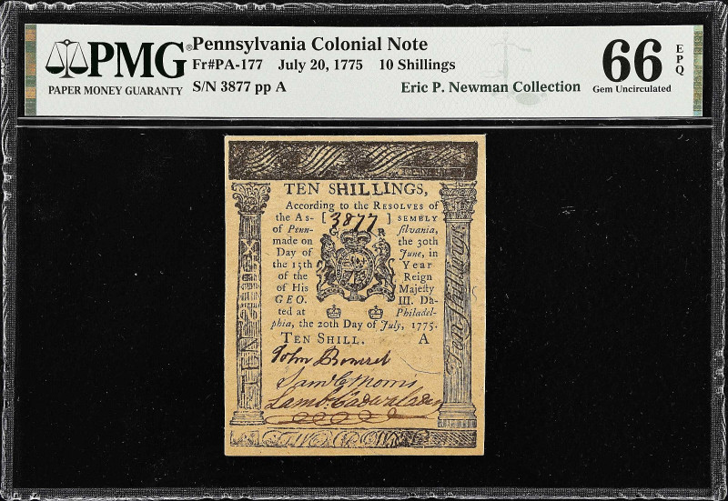 PA-177. Pennsylvania. July 20, 1775. 10 Shillings. PMG Gem Uncirculated 66 EPQ....