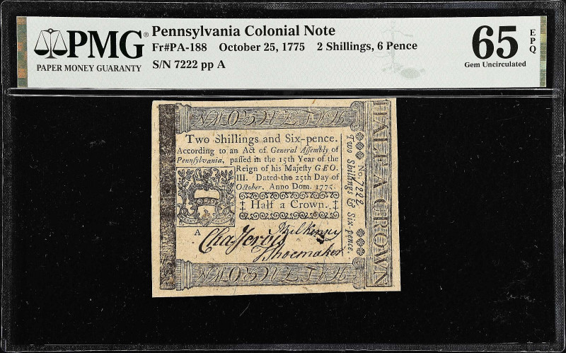 PA-188. Pennsylvania. October 25, 1775. 2 Shillings, 6 Pence. PMG Gem Uncirculat...