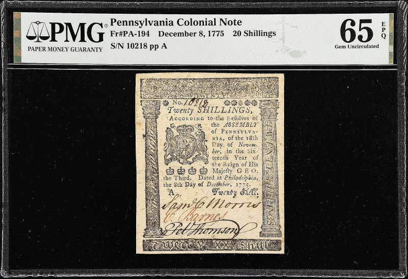 PA-194. Pennsylvania. December 8, 1775. 20 Shillings. PMG Gem Uncirculated 65 EP...