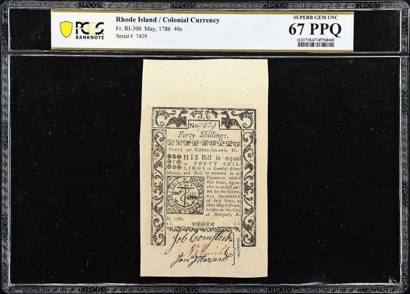 RI-300. Rhode Island. May, 1786. 40 Shillings. PCGS Banknote Superb Gem Uncircul...