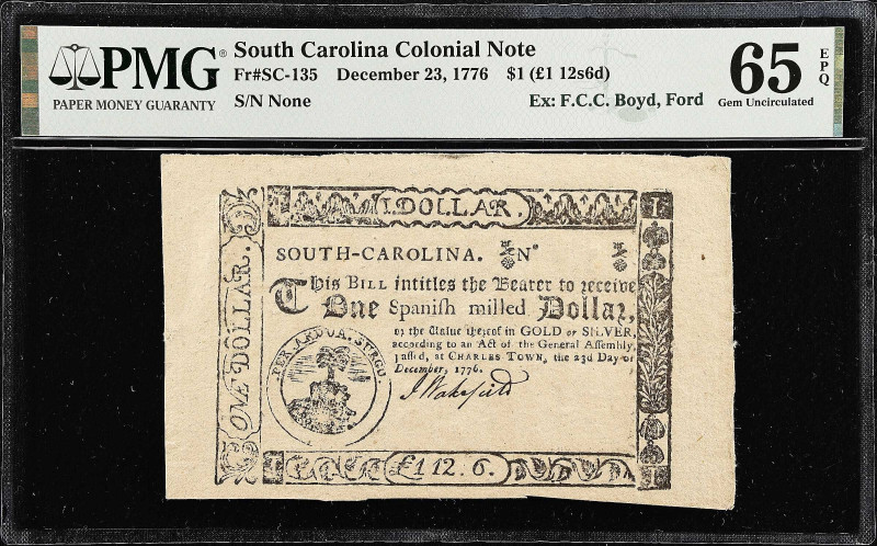 SC-135. South Carolina. December 23, 1776. $1. PMG Gem Uncirculated 65 EPQ. Rema...