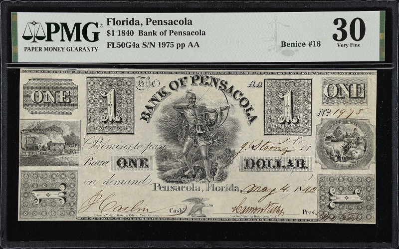 Pensacola, Florida. Bank of Pensacola. 1840 $1. PMG Very Fine 30.
(FL-50 G4a, B...