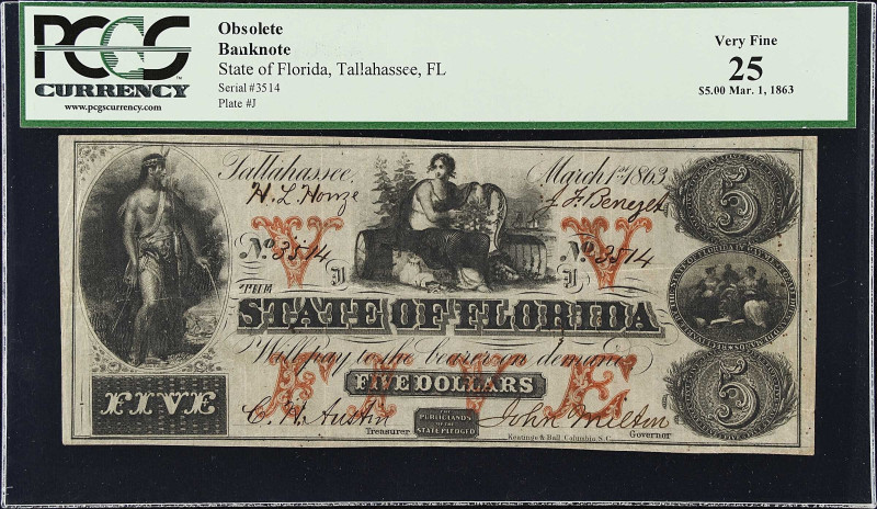 Tallahassee, Florida. State of Florida. 1863 $5. PCGS Currency Very Fine 25.
Cr...