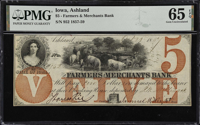 Ashland, Iowa. Farmers & Merchants Bank. 1857 $5. PMG Gem Uncirculated 65 EPQ.
...