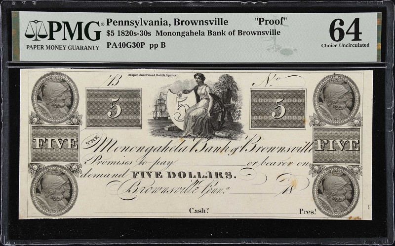 Brownsville, Pennsylvania. Monongahela Bank of Brownsville. 18xx $5. PMG Choice ...