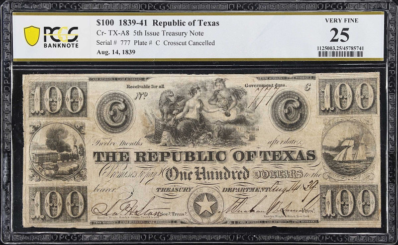 Austin, Texas. Republic of Texas. 1839 $100. PCGS Banknote Very Fine 25.
(Cr. A...