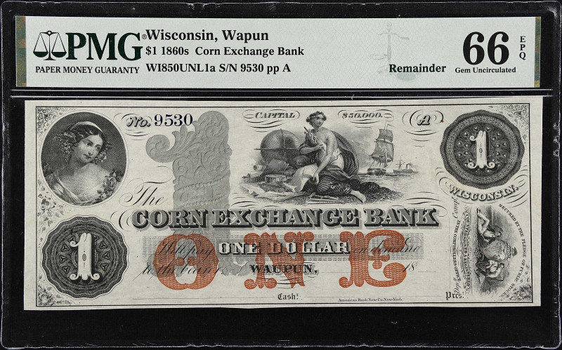 Wapun, Wisconsin. Corn Exchange Bank. 1860s $1. PMG Gem Uncirculated 66 EPQ. Rem...