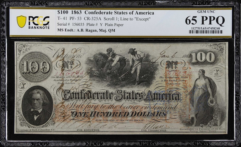 T-41. Confederate Currency. 1863 $100. PCGS Banknote Gem Uncirculated 65 PPQ.
N...