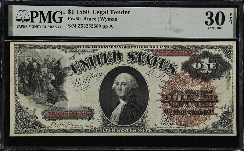 Fr. 30. 1880 $1 Legal Tender Note. PMG Very Fine 30 EPQ.
Nice margins are obser...