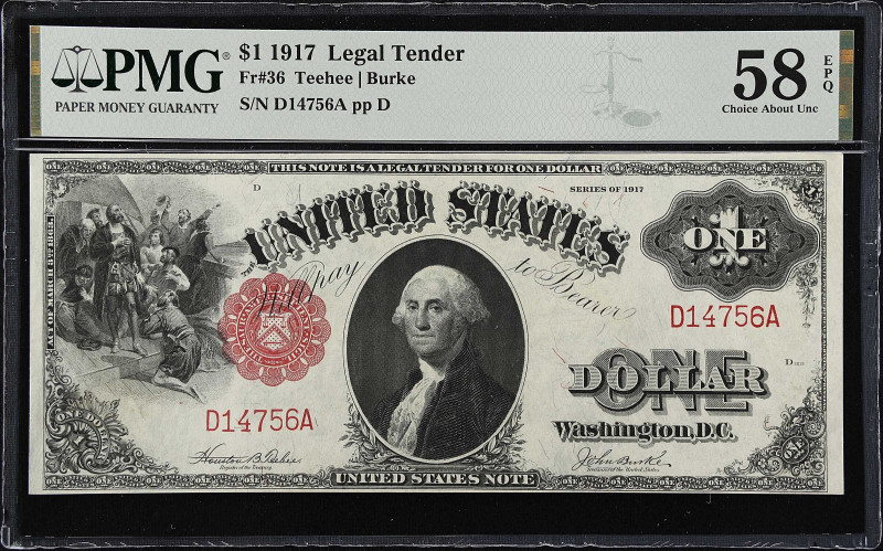 Fr. 36. 1917 $1 Legal Tender Note. PMG Choice About Uncirculated 58 EPQ.
This i...