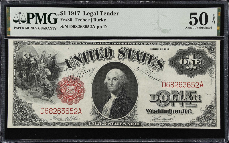 Fr. 36. 1917 $1 Legal Tender Note. PMG About Uncirculated 50 EPQ.
Teehee - Burk...