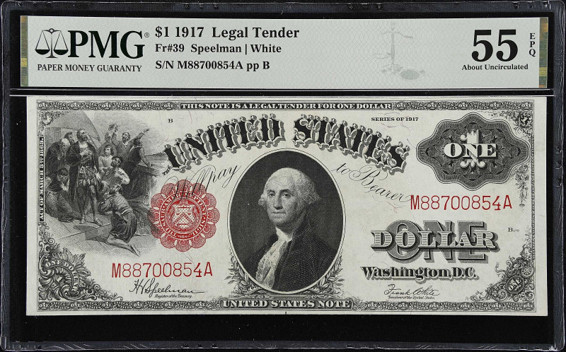 Fr. 39. 1917 $1 Legal Tender Note. PMG About Uncirculated 55 EPQ.
This WWI era ...