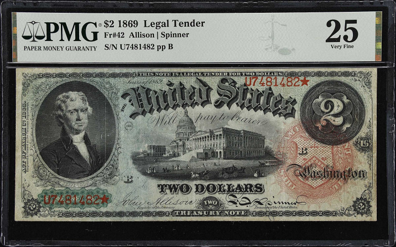 Fr. 42. 1869 $2 Legal Tender Note. PMG Very Fine 25.
A VF offering of this popu...