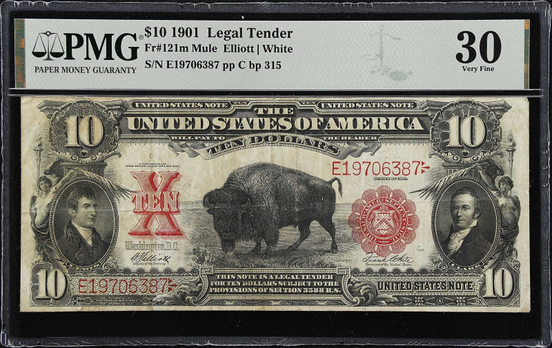 Fr. 121m. 1901 $10 Legal Tender Mule Note. PMG Very Fine 30.
This Very Fine $10...