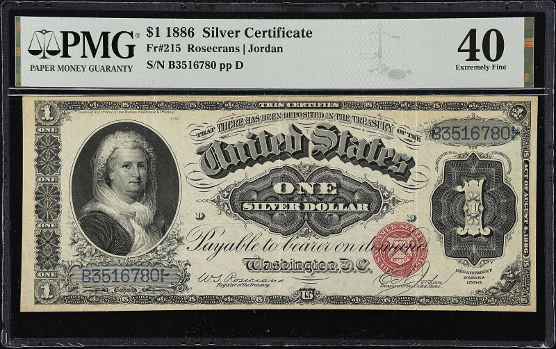 Fr. 215. 1886 $1 Silver Certificate. PMG Extremely Fine 40.
Martha Washington a...