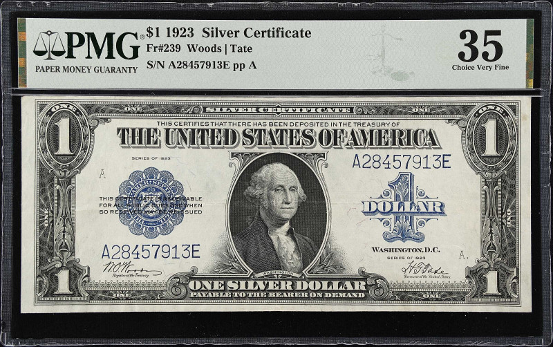 Fr. 239. 1923 $1 Silver Certificate. PMG Choice Very Fine 35.
Woods - Tate sign...