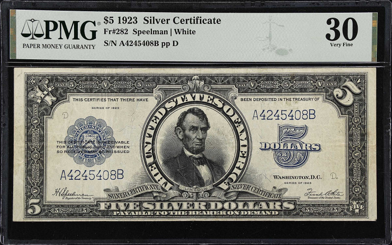 Fr. 282. 1923 $5 Silver Certificate. PMG Very Fine 30.
The Lincoln Porthole not...