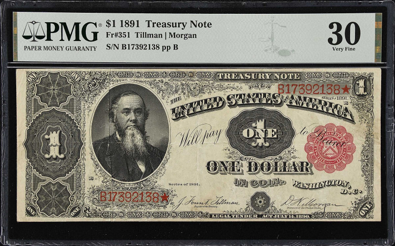 Fr. 351. 1891 $1 Treasury Note. PMG Very Fine 30.
This Open Back Ace features t...