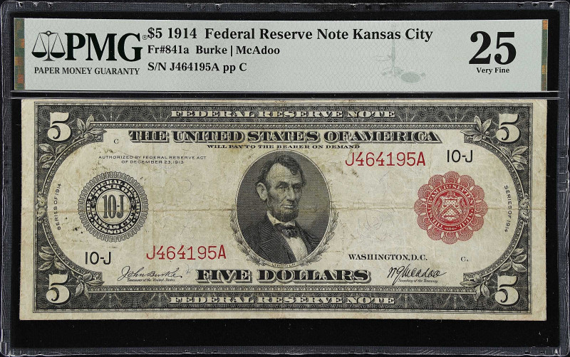 Fr. 841a. 1914 $5 Federal Reserve Note. Kansas City. PMG Very Fine 25.
A pleasi...