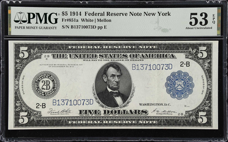 Fr. 851a. 1914 $5 Federal Reserve Note. New York. PMG About Uncirculated 53 EPQ....