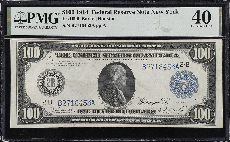 Fr. 1090. 1914 $100 Federal Reserve Note. New York. PMG Extremely Fine 40.
Burk...