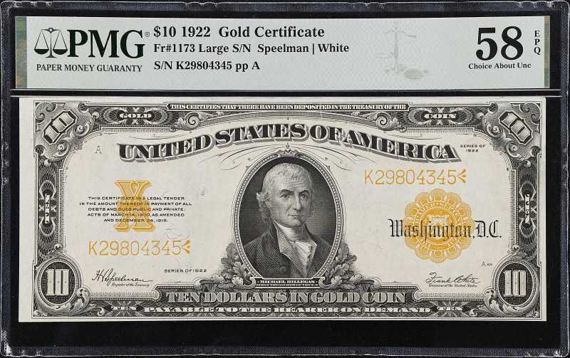 Fr. 1173. 1922 $10 Gold Certificate. PMG Choice About Uncirculated 58 EPQ.
Larg...