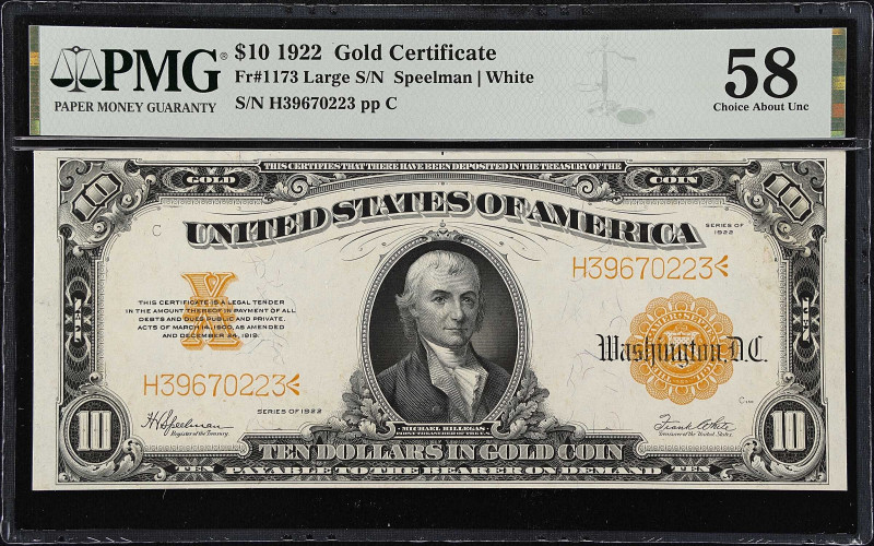 Fr. 1173. 1922 $10 Gold Certificate. PMG Choice About Uncirculated 58.
Large se...