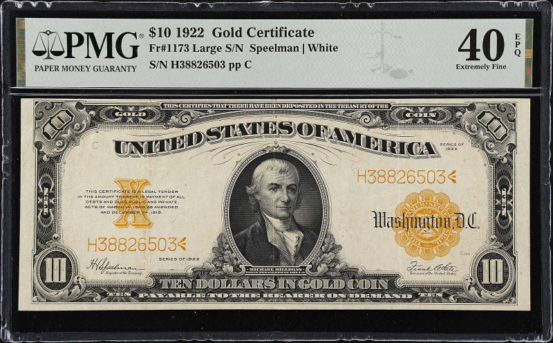 Fr. 1173. 1922 $10 Gold Certificate. PMG Extremely Fine 40 EPQ.
Large serial nu...